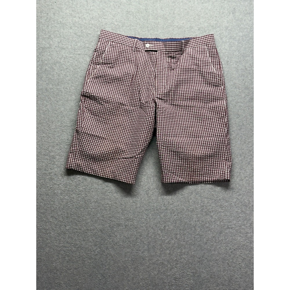 Linea Uomo Mens Burgundy Gingham Seersucker Shorts Size 36 Flat Front Preppy